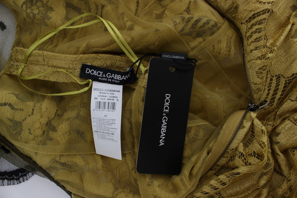 Gelb-schwarzes Ricamo-Kleid mit Blumenspitze