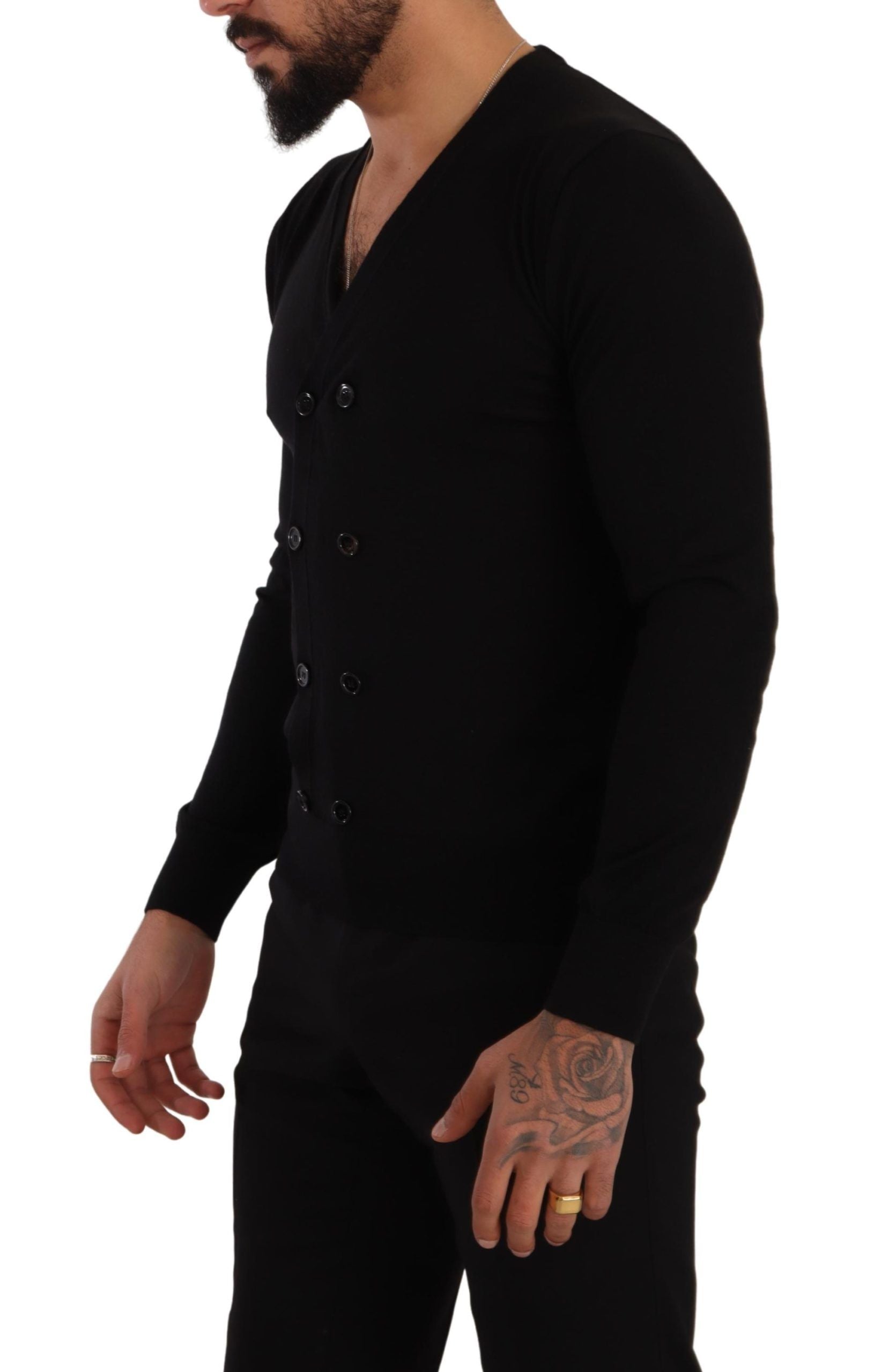 Schwarzer Kaschmir-Cardigan mit Knopfleiste