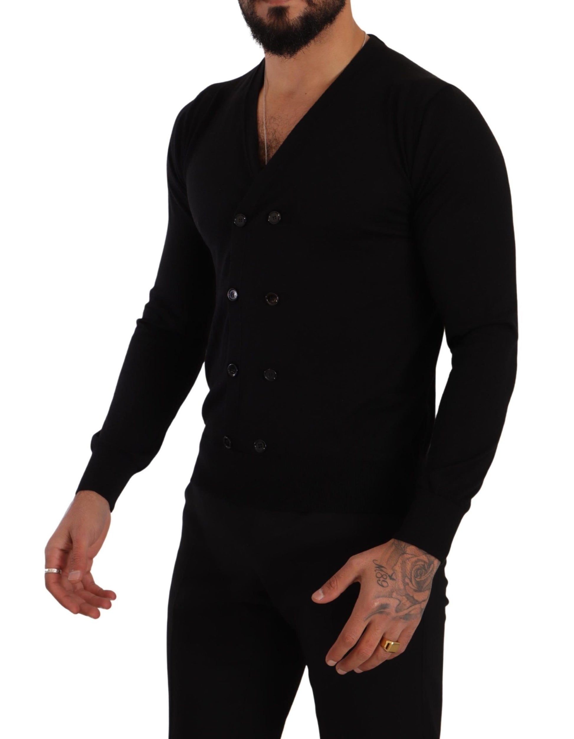 Schwarzer Kaschmir-Cardigan mit Knopfleiste
