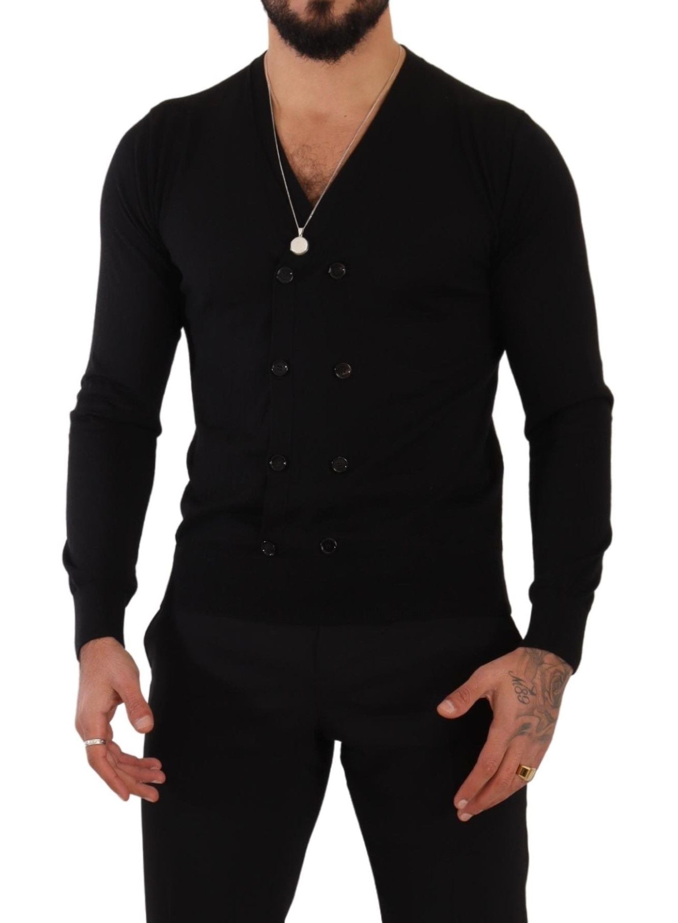 Schwarzer Kaschmir-Cardigan mit Knopfleiste