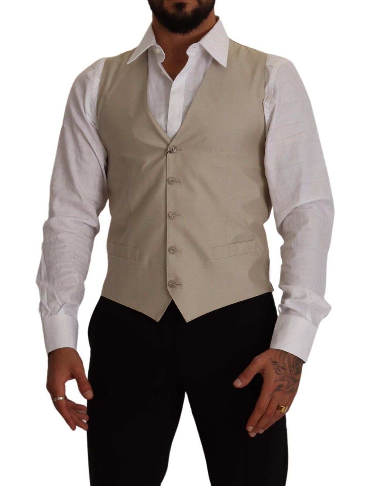 Beige Slim Fit Weste aus Baumwolle und Seide