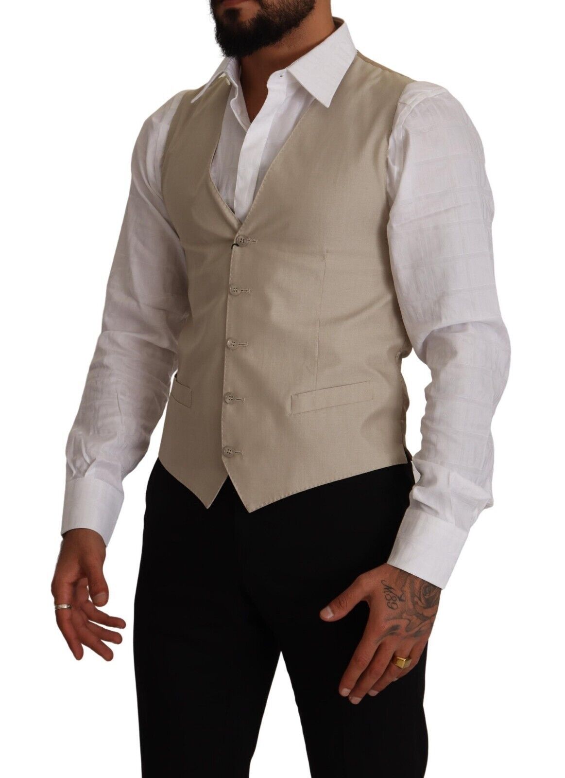 Beige Slim Fit Weste aus Baumwolle und Seide