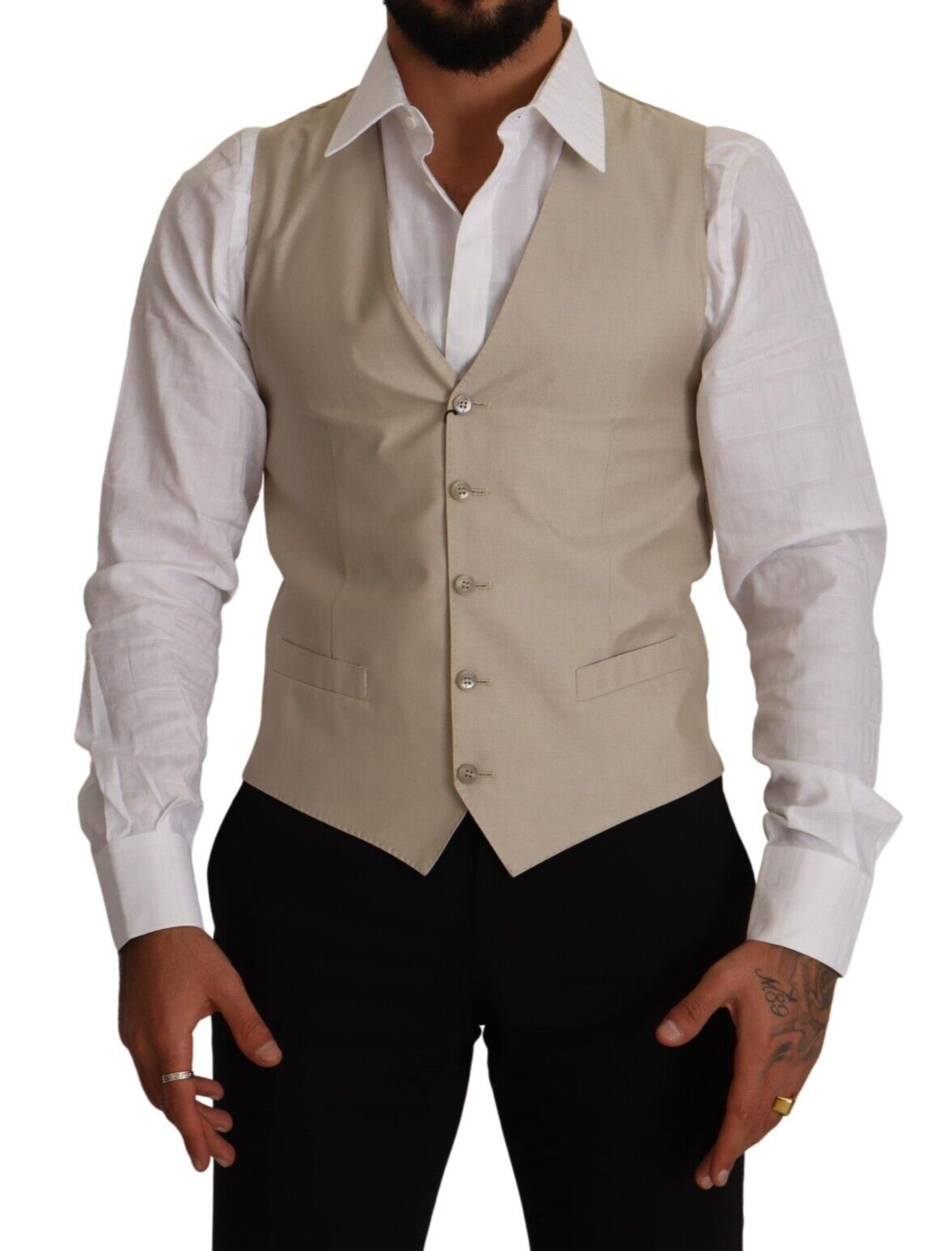 Beige Slim Fit Weste aus Baumwolle und Seide