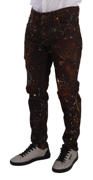 Braune Jeans aus Baumwoll-Jeansstoff in regulärer Farbe mit Farbspritzern