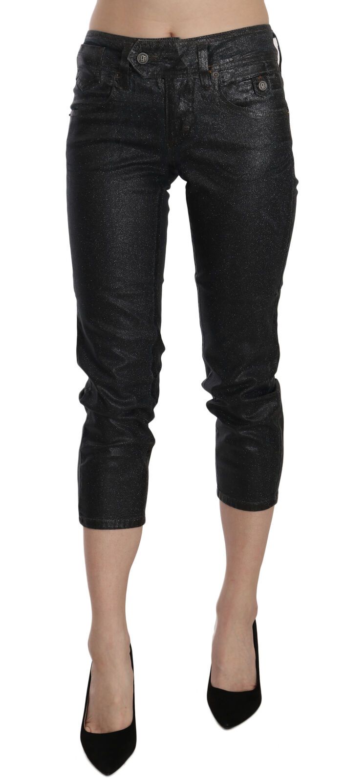 Schwarze, verwaschene, verkürzte Jeanshose mit schmalem Bein und mittlerer Taille