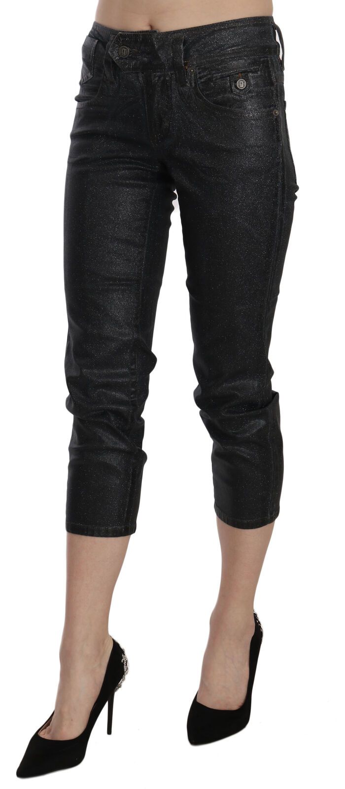 Schwarze, verwaschene, verkürzte Jeanshose mit schmalem Bein und mittlerer Taille