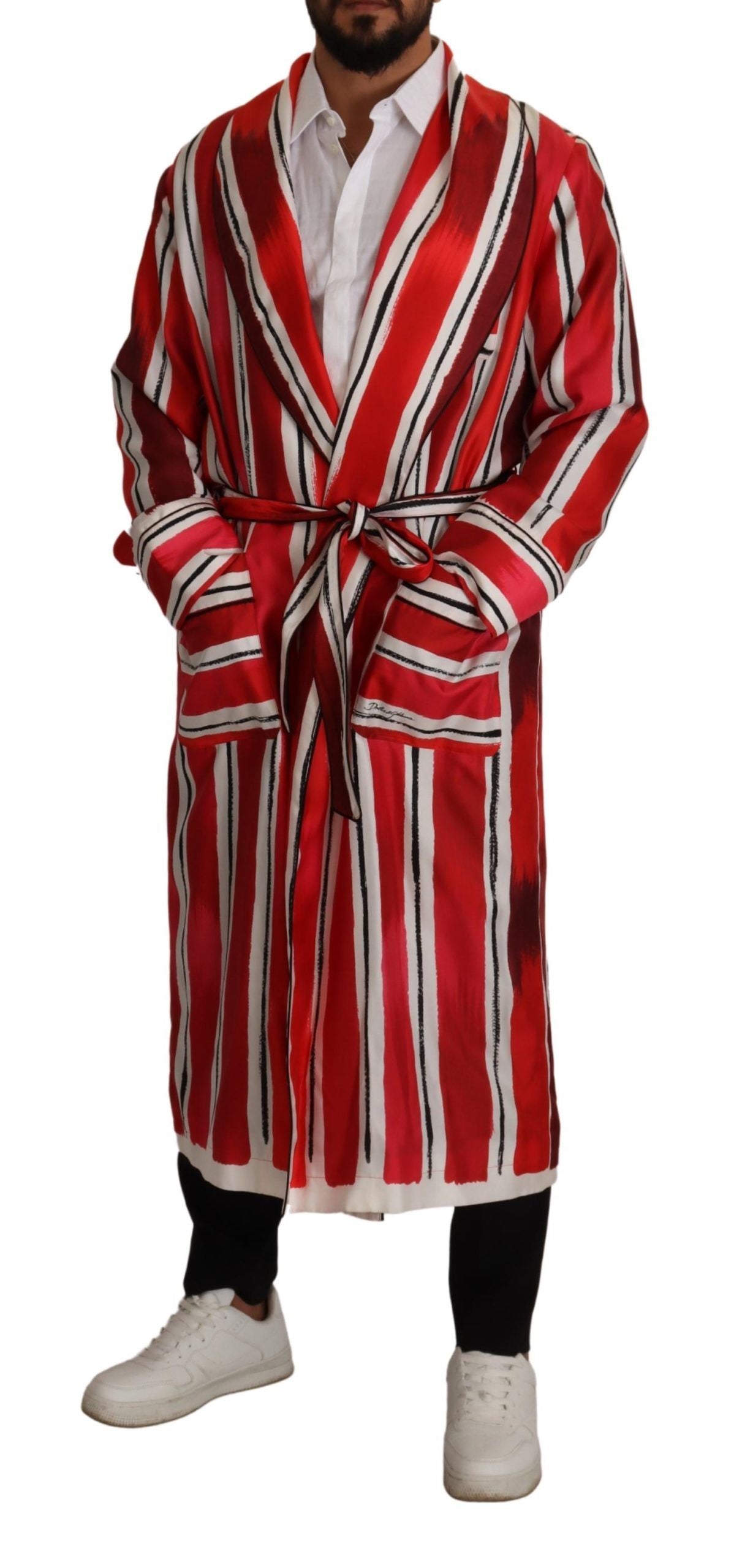 Dolce & Gabbana Red White Striped Silk Mens Night Gown Robe