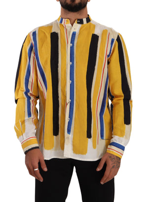 Gelb gestreiftes Henley-Hemd aus Leinen und Baumwolle