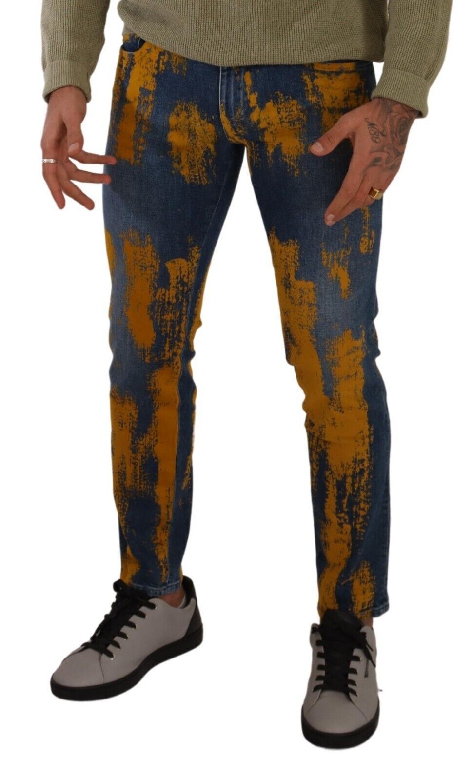 Blau-gelb gefärbte Skinny-Jeans aus Baumwolle für Herren