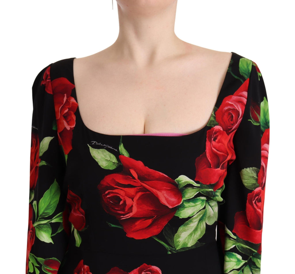 Schwarz-rote Rosen-Etuikleid aus Stretch-Seide