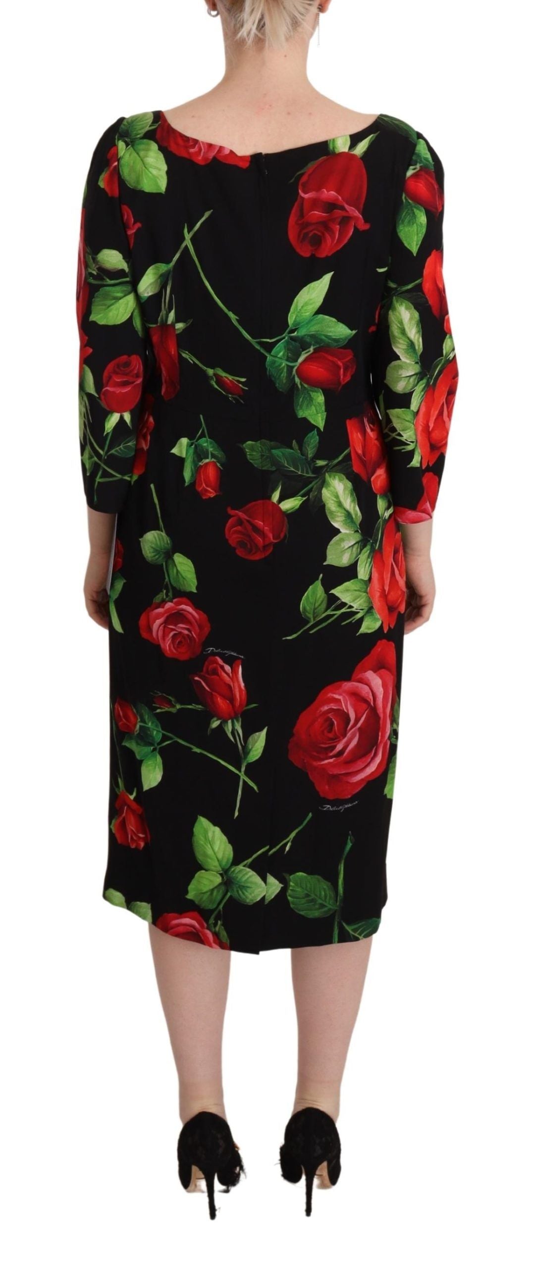 Schwarz-rote Rosen-Etuikleid aus Stretch-Seide