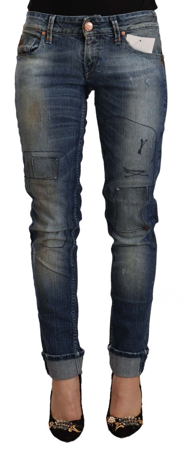 Blau verwaschene Slim Fit Jeans mit niedriger Taille und umgeschlagenem Saum