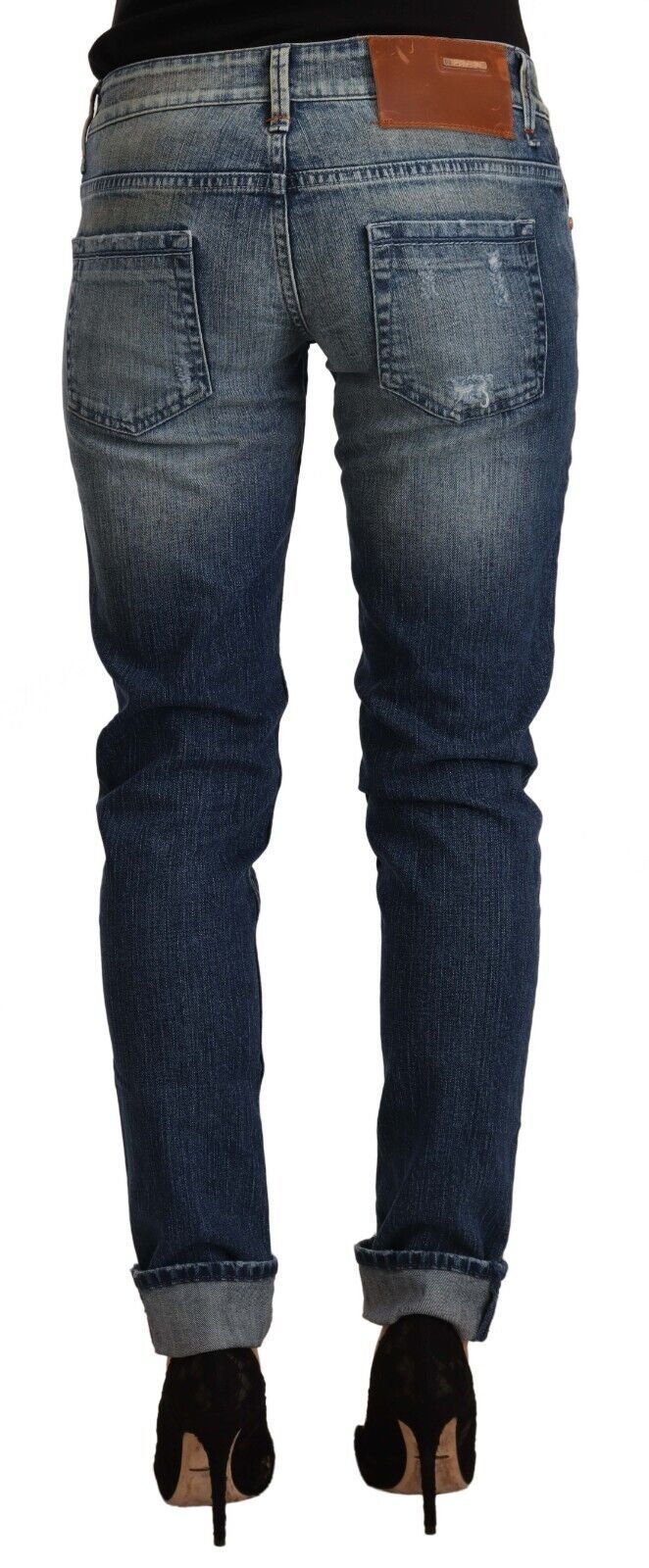 Blau verwaschene Slim Fit Jeans mit niedriger Taille und umgeschlagenem Saum