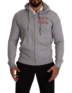 Grauer Baumwoll-Sweatshirtpullover mit durchgehendem Reißverschluss und Kapuze