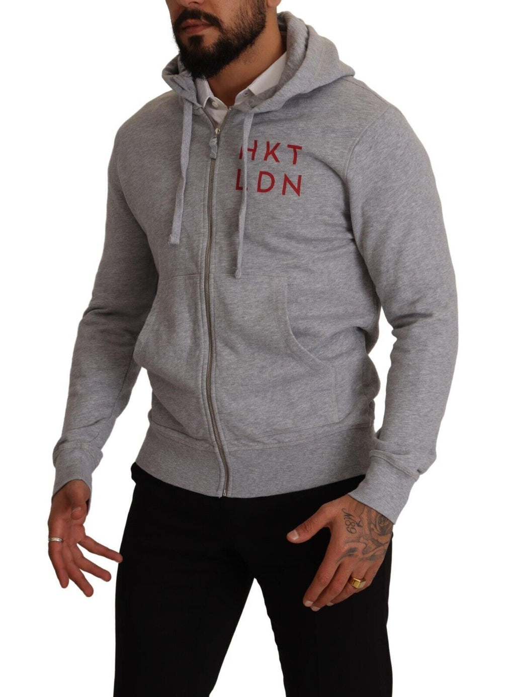 Grauer Baumwoll-Sweatshirtpullover mit durchgehendem Reißverschluss und Kapuze