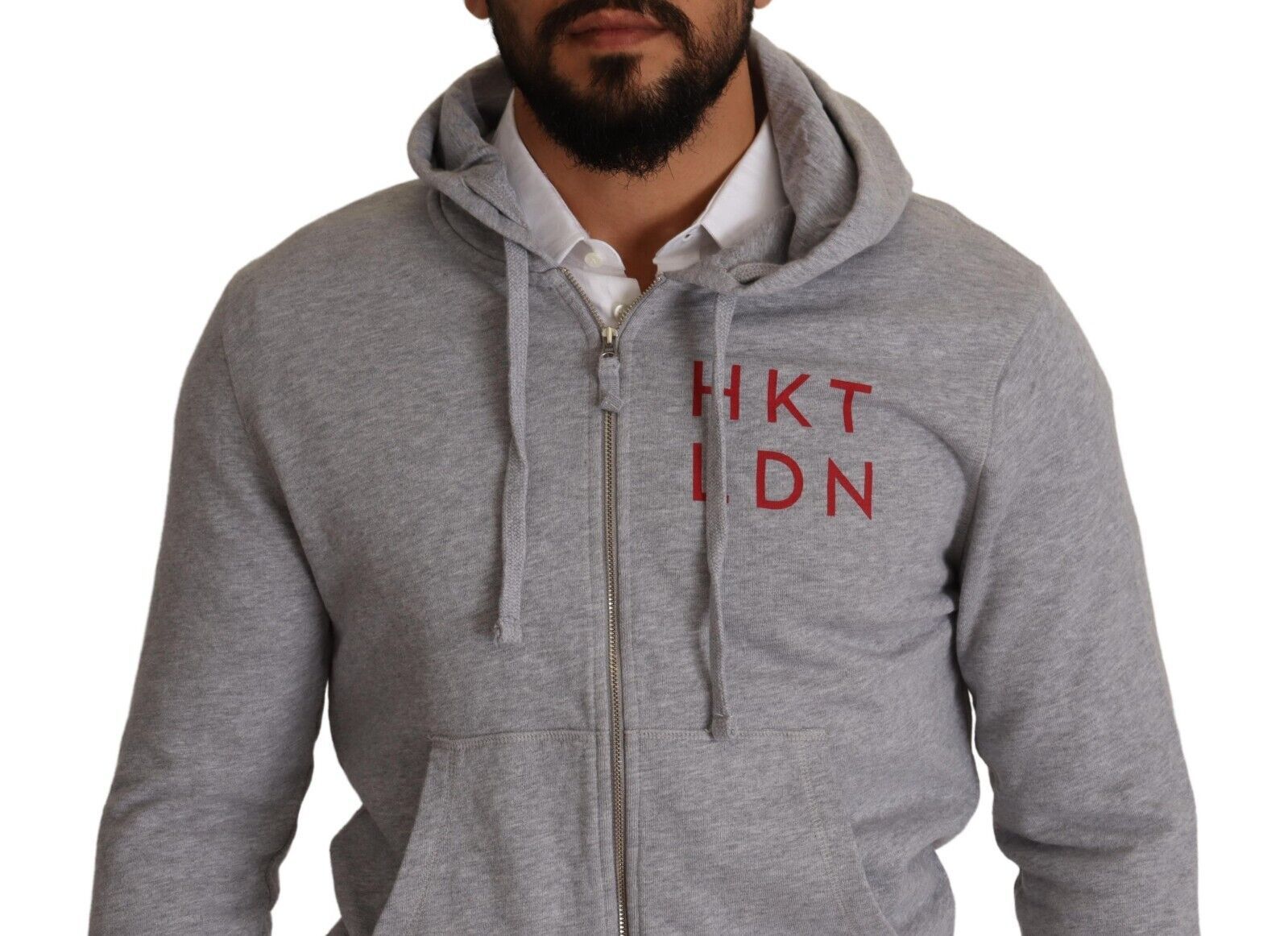 Grauer Baumwoll-Sweatshirtpullover mit durchgehendem Reißverschluss und Kapuze