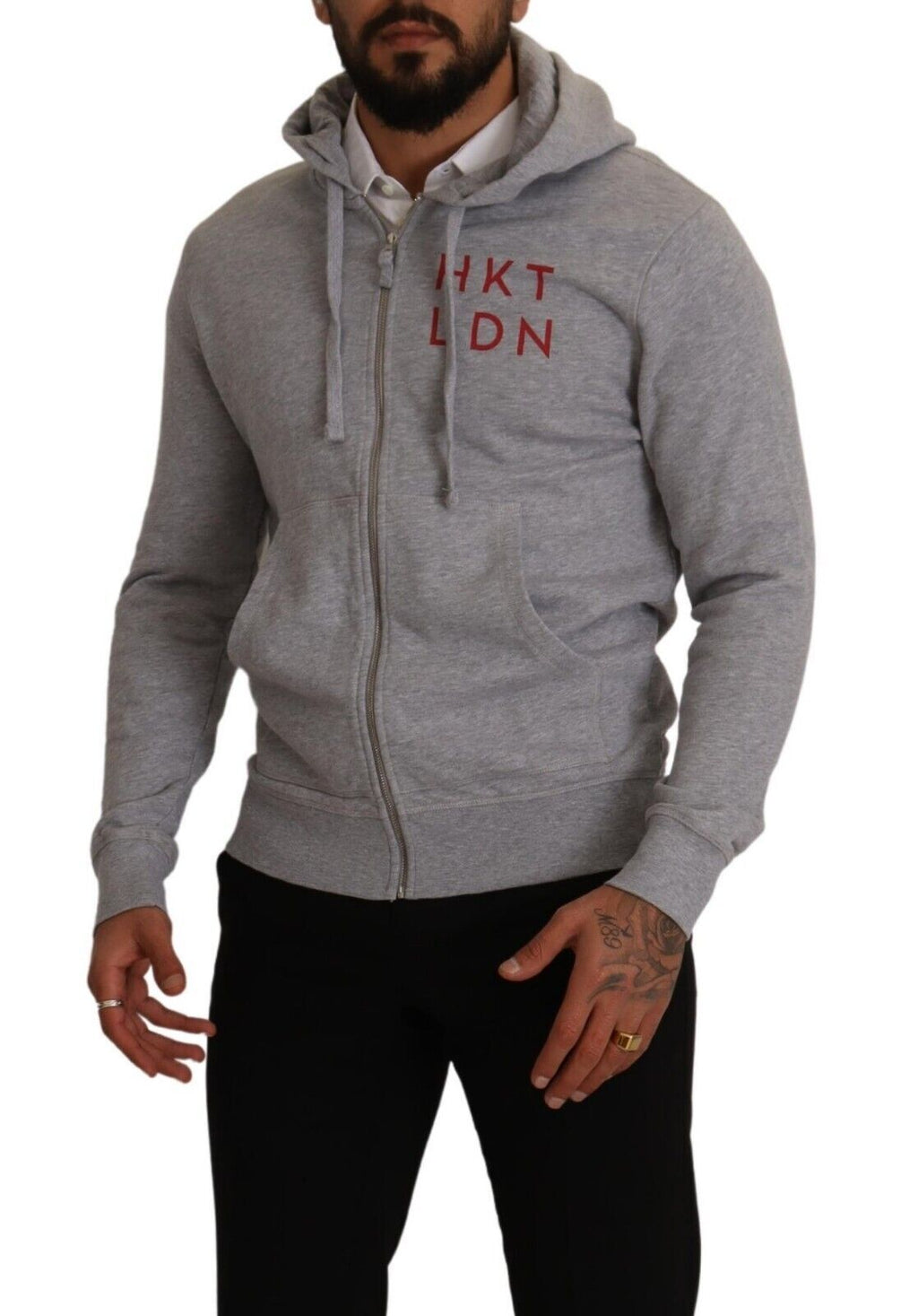 Grauer Baumwoll-Sweatshirtpullover mit durchgehendem Reißverschluss und Kapuze