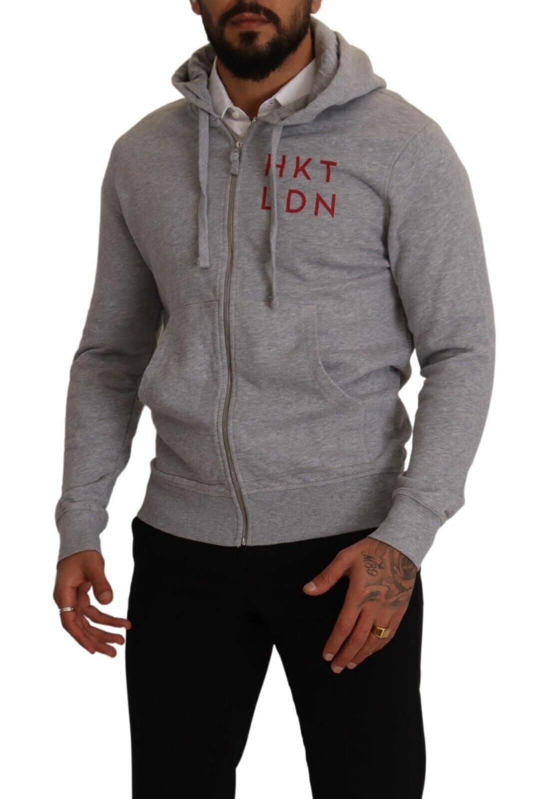 Grauer Baumwoll-Sweatshirtpullover mit durchgehendem Reißverschluss und Kapuze