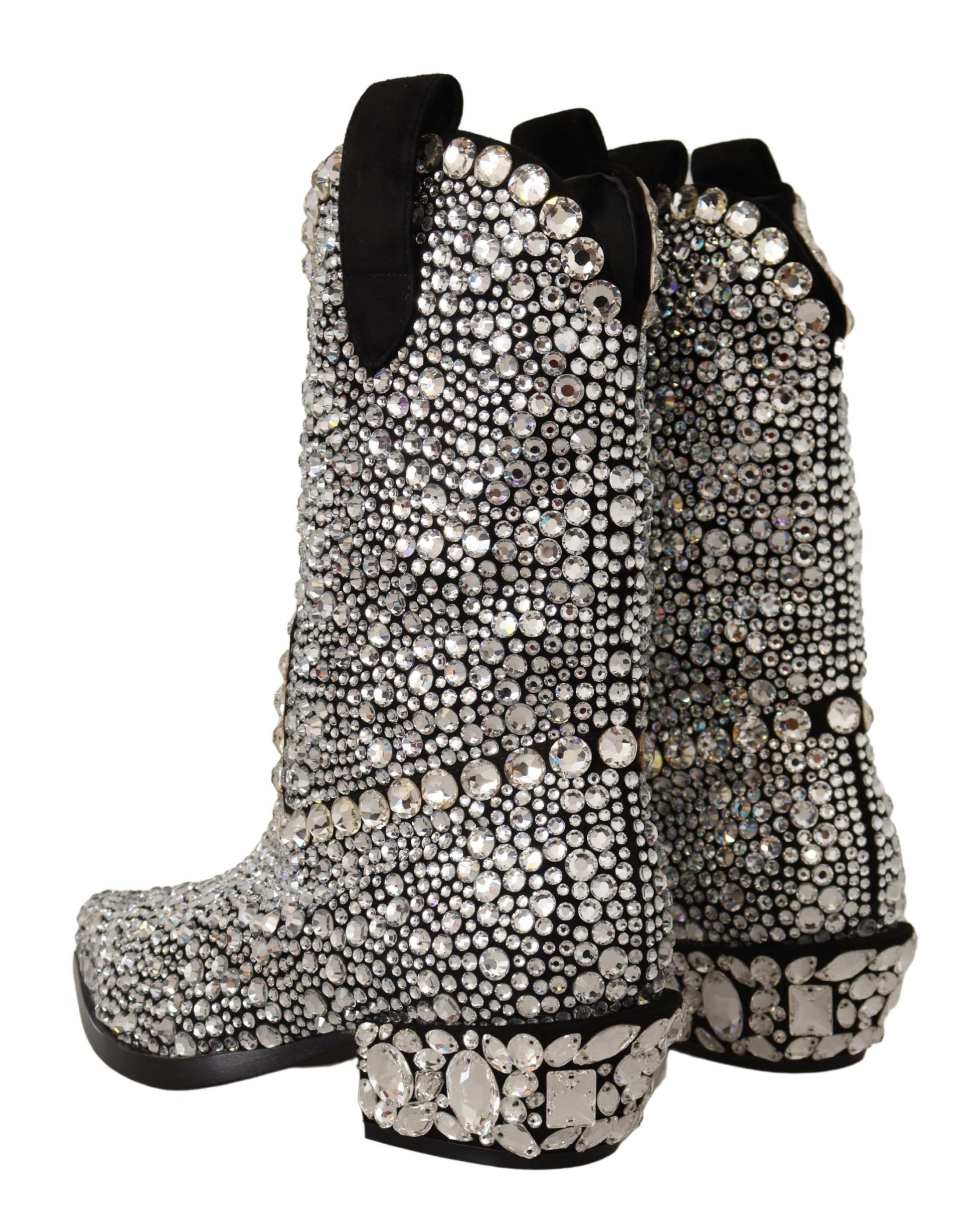 Schwarze Wildlederstiefel mit Strass-Kristallen
