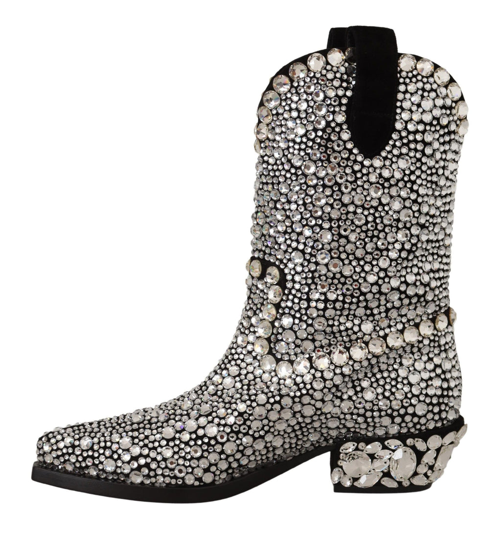 Schwarze Wildlederstiefel mit Strass-Kristallen