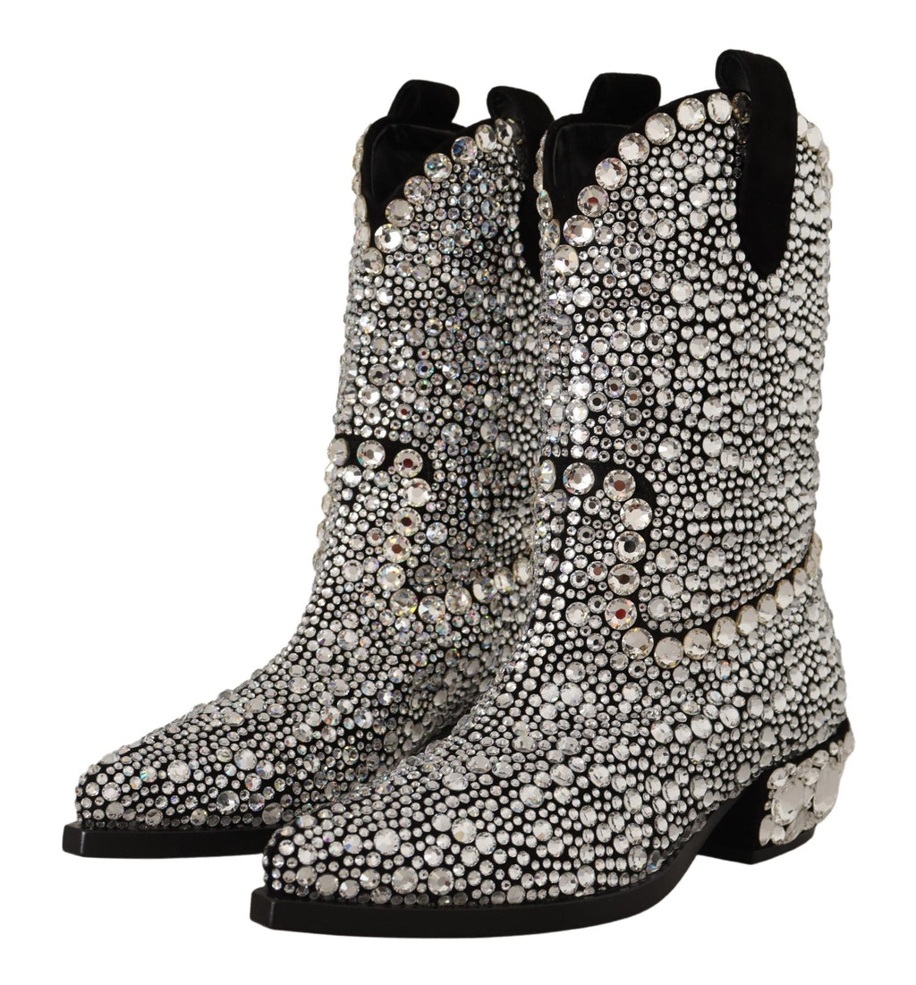 Schwarze Wildlederstiefel mit Strass-Kristallen