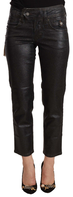 Schwarze, glitzernde Cropped-Hose aus Baumwolle mit mittlerer Taille