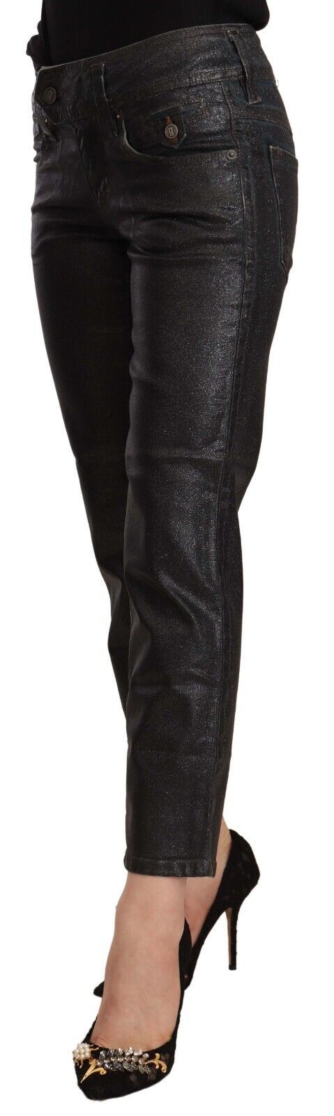 Schwarze, glitzernde Cropped-Hose aus Baumwolle mit mittlerer Taille