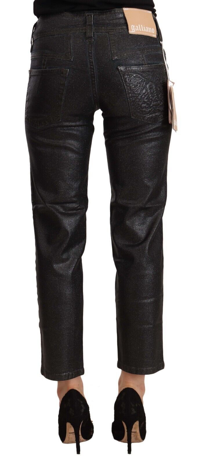 Schwarze, glitzernde Cropped-Hose aus Baumwolle mit mittlerer Taille