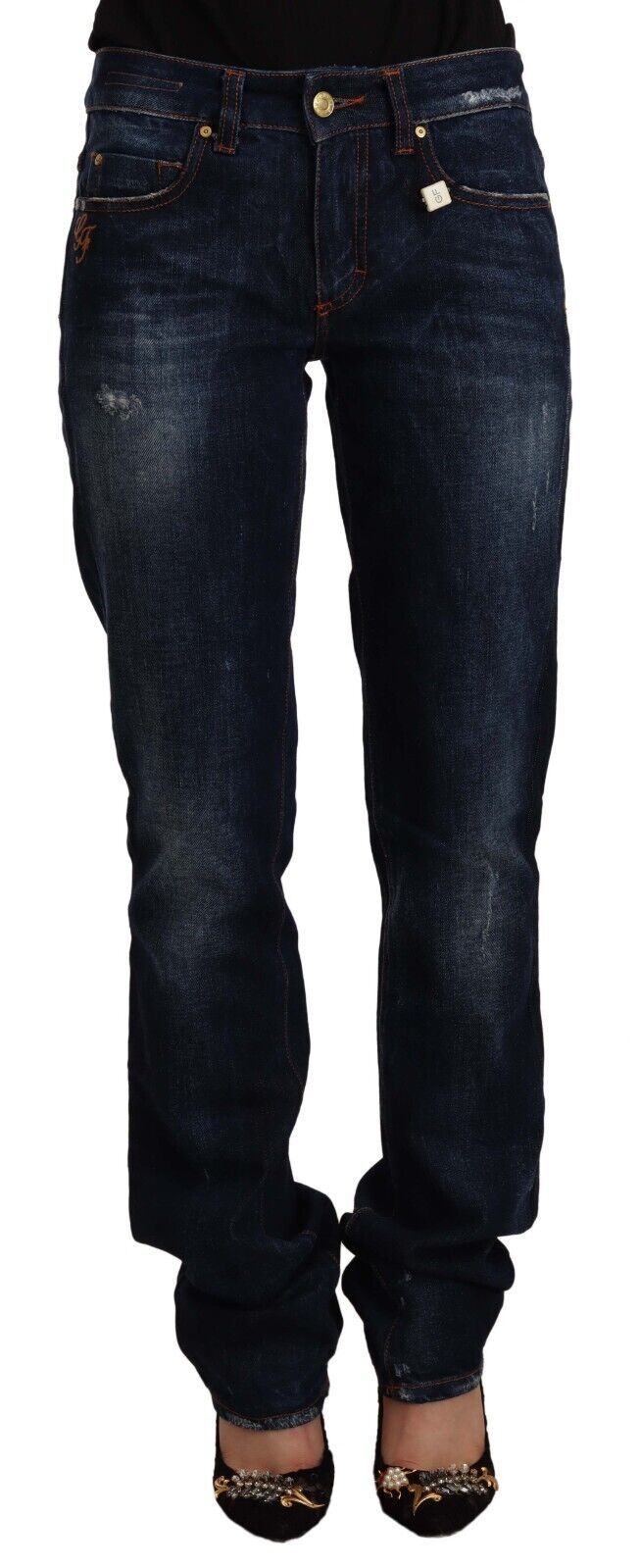 Dunkelblaue, verwaschene Straight-Jeans aus Baumwolldenim mit mittlerer Taille