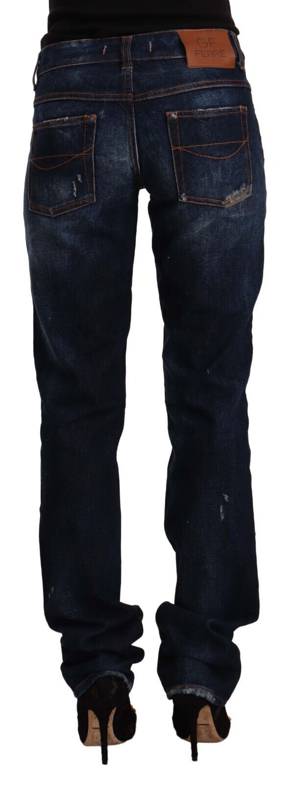 Dunkelblaue, verwaschene Straight-Jeans aus Baumwolldenim mit mittlerer Taille