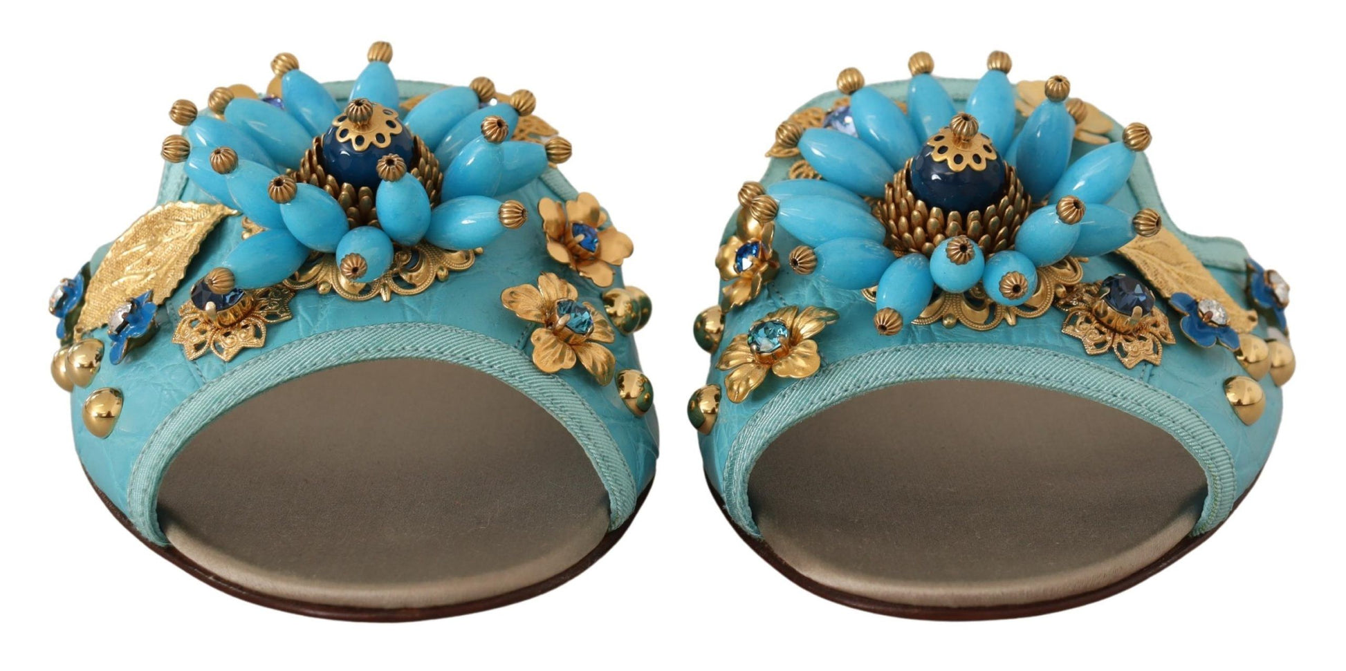 Blaue Kristallsandalen aus exotischem Leder mit blauen Kristallen
