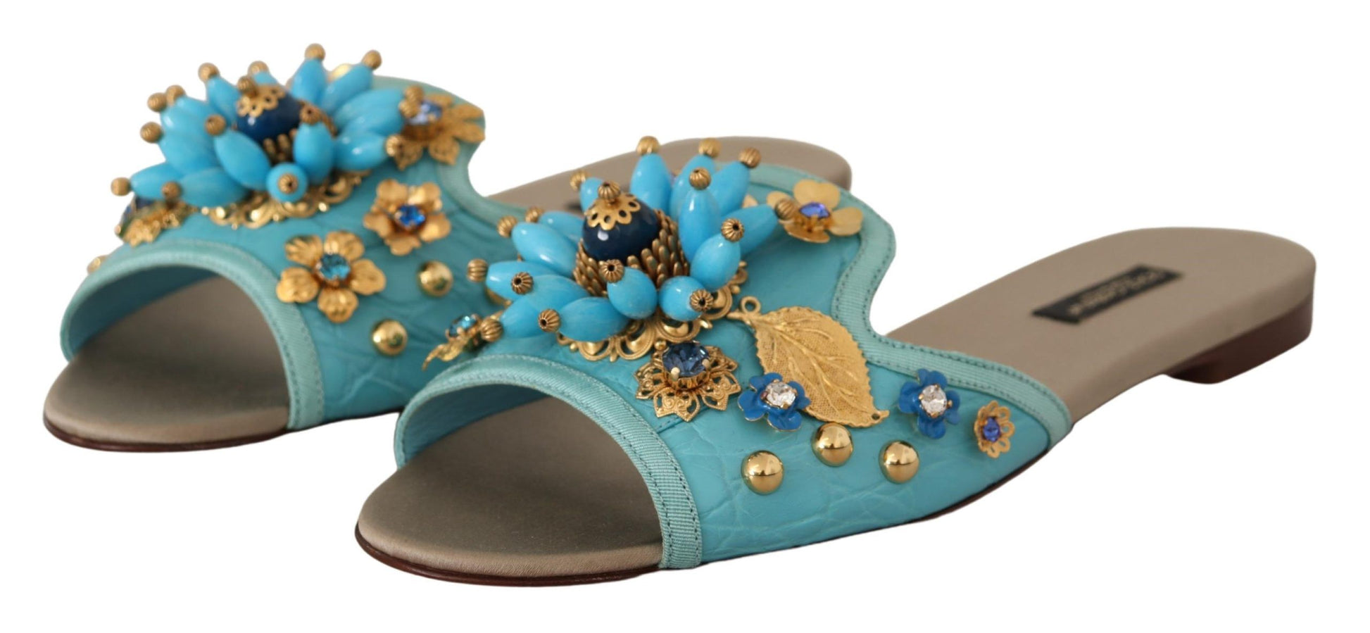 Blaue Kristallsandalen aus exotischem Leder mit blauen Kristallen