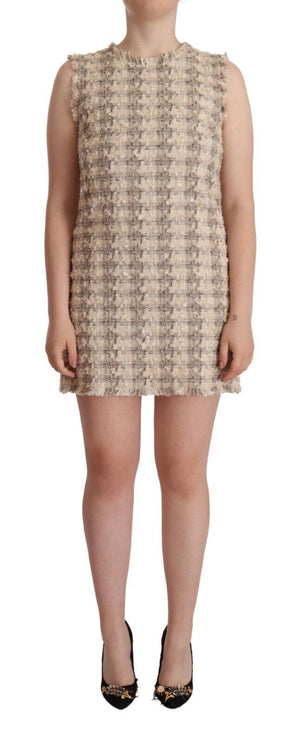 Beige kariertes ärmelloses Mini-Etuikleid