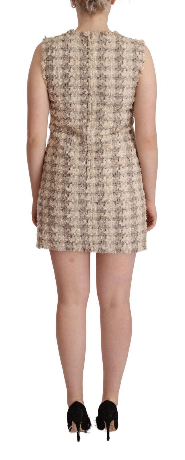 Beige kariertes ärmelloses Mini-Etuikleid
