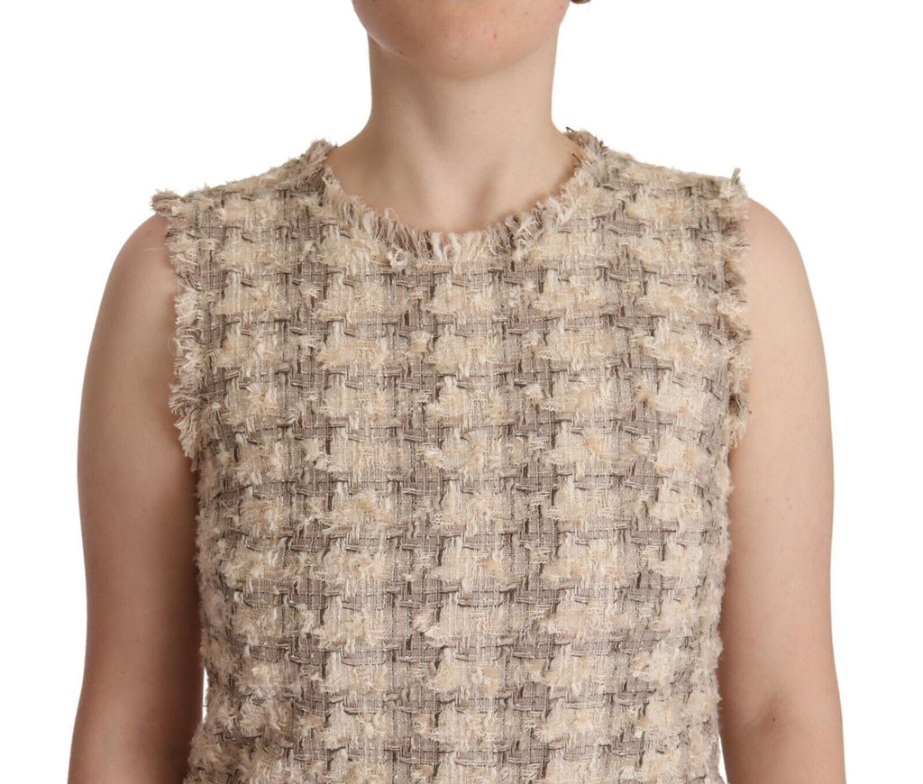 Beige kariertes ärmelloses Mini-Etuikleid