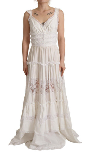 Weißes, gestuftes, langes Maxi-A-Linien-Kleid aus Baumwolle