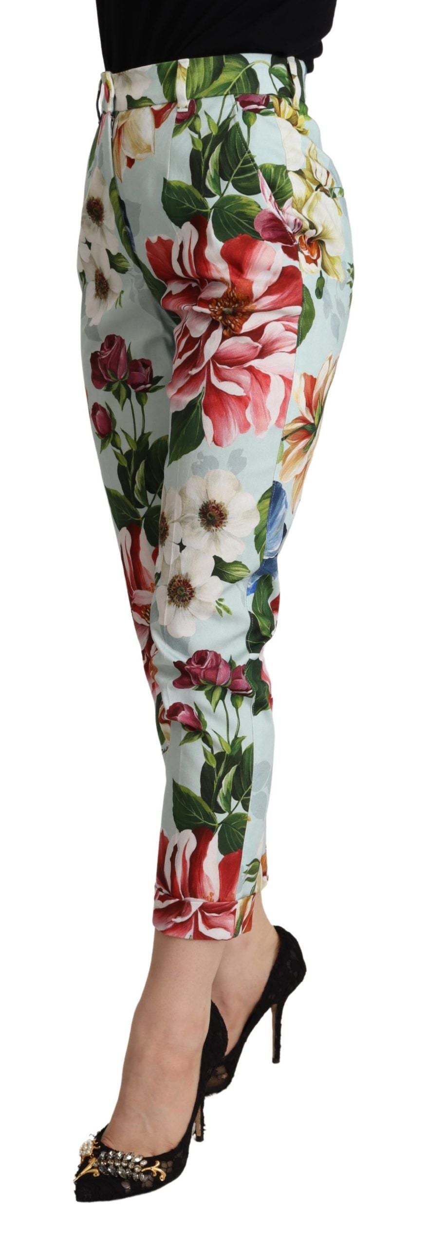 Hellblaue, konische Baumwollhose mit Fiori-Print
