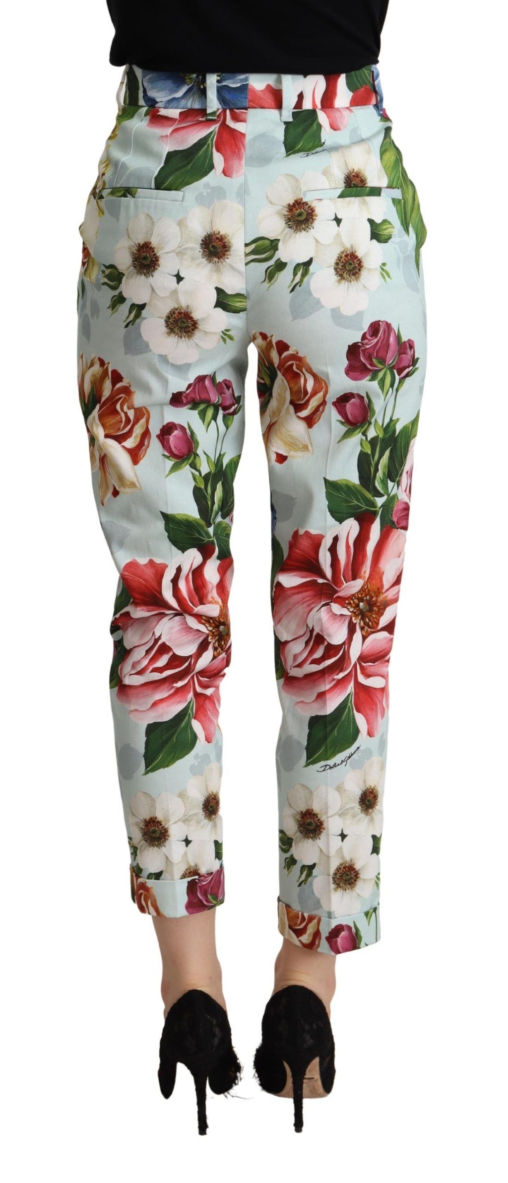 Hellblaue, konische Baumwollhose mit Fiori-Print