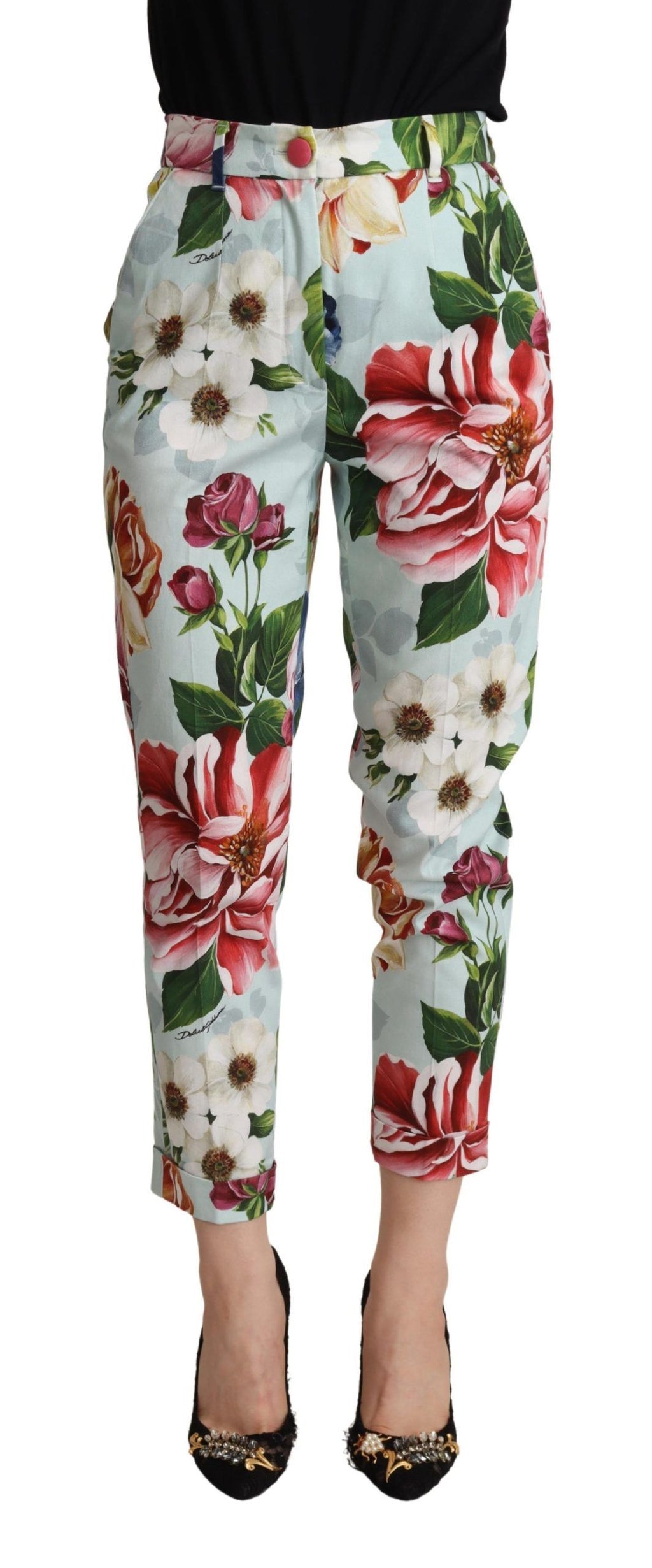 Hellblaue, konische Baumwollhose mit Fiori-Print