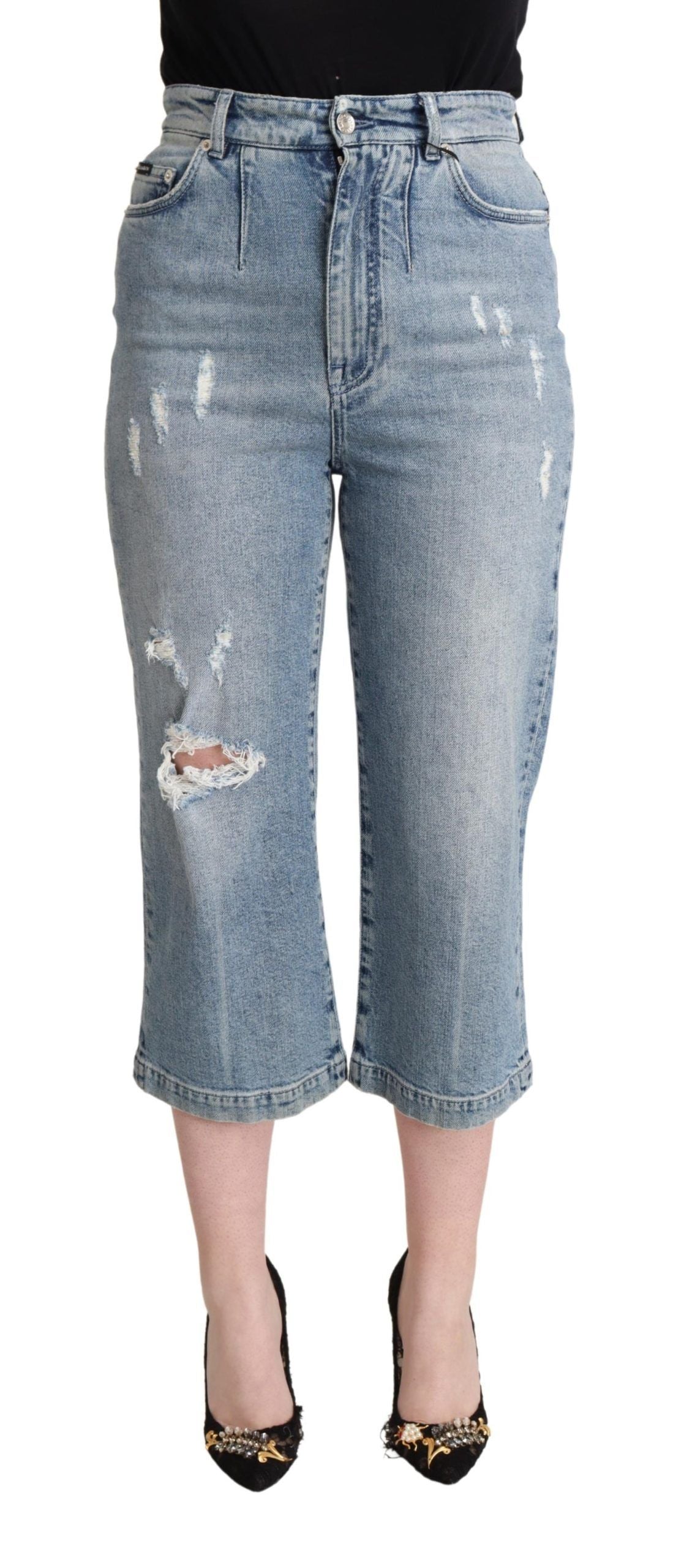 Blaue Capri-Crop-Jeans aus zerfetztem Baumwolldenim