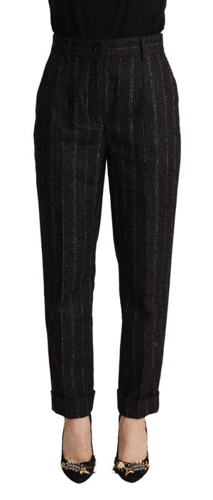 Schwarze, gestreifte, konische Hose mit hoher Taille