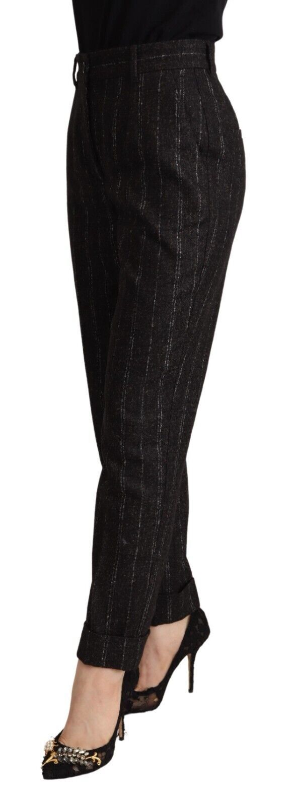 Schwarze, gestreifte, konische Hose mit hoher Taille
