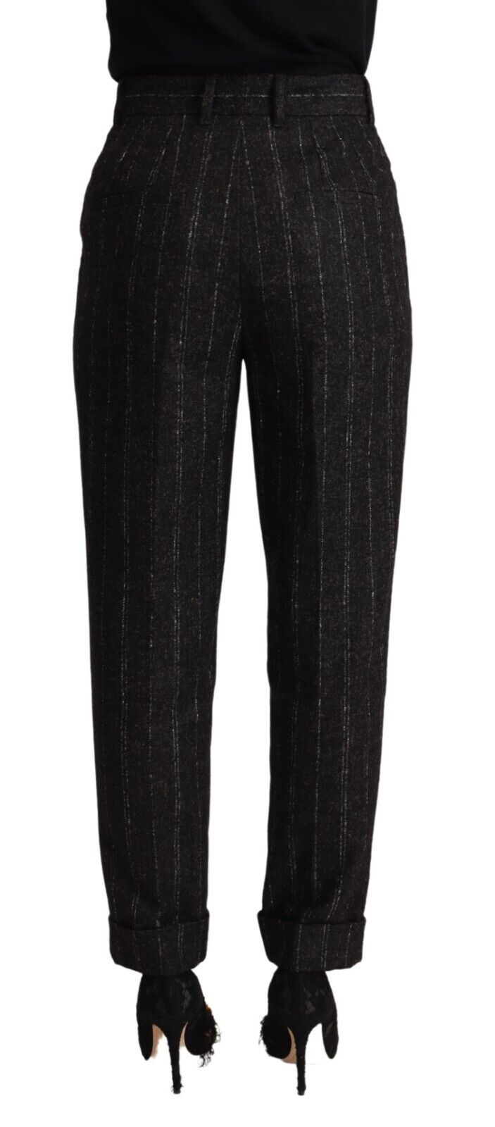 Schwarze, gestreifte, konische Hose mit hoher Taille
