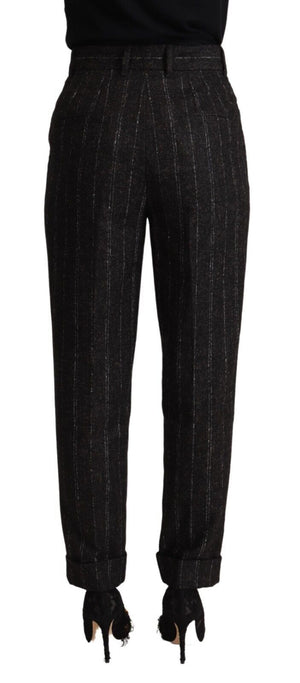 Schwarze, gestreifte, konische Hose mit hoher Taille
