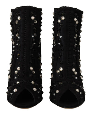 Schwarze Kristalle Heels Reißverschluss Kurze Stiefel Schuhe