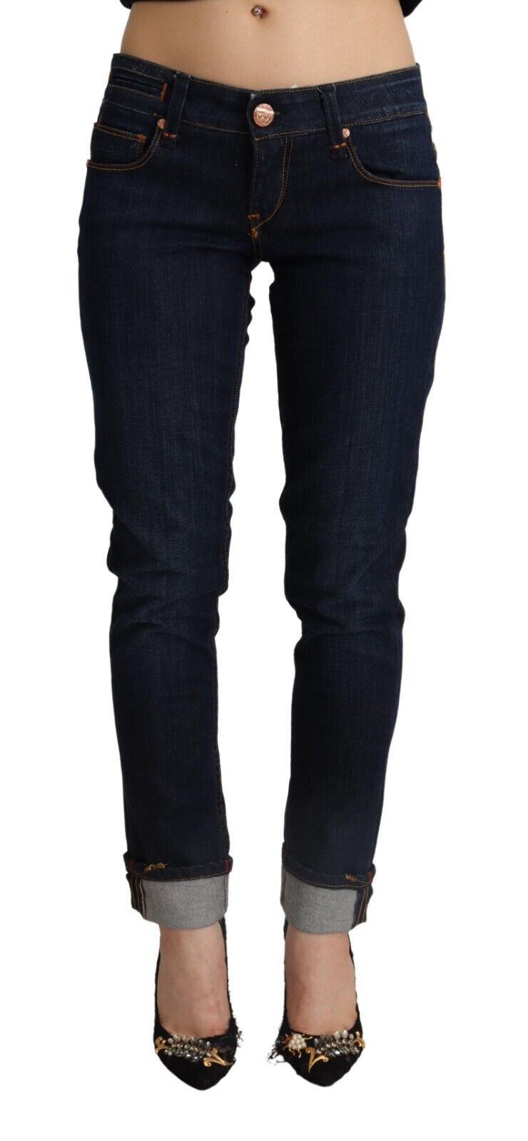 Blaue Jeans aus Baumwolle mit niedriger Taille und schmaler Passform für Damen