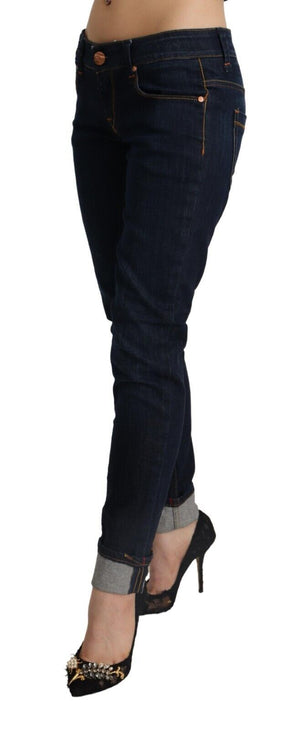 Blaue Jeans aus Baumwolle mit niedriger Taille und schmaler Passform für Damen