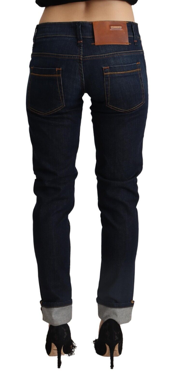 Blaue Jeans aus Baumwolle mit niedriger Taille und schmaler Passform für Damen