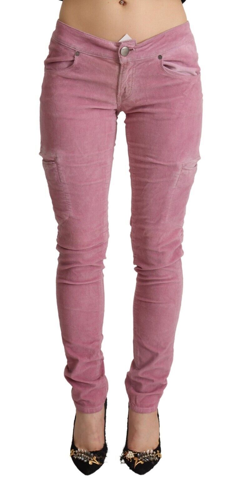 Rosafarbene Skinny-Cargo-Jeans aus Baumwolle mit niedriger Taille