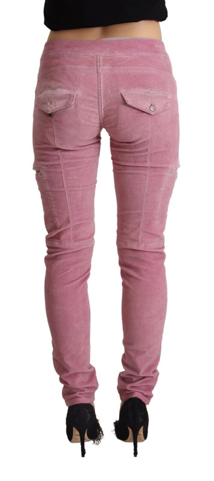 Rosafarbene Skinny-Cargo-Jeans aus Baumwolle mit niedriger Taille